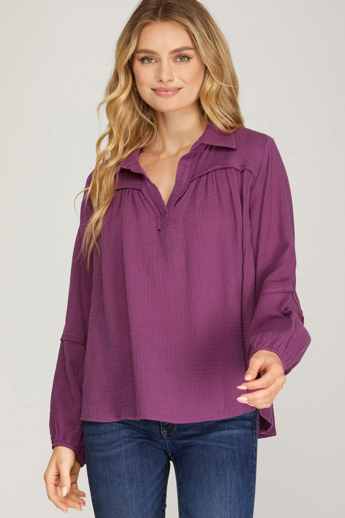 Hunter Long Sleeve Woven Collared Top - Be You Boutique