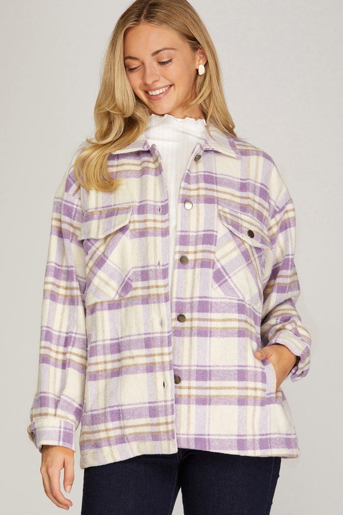 Carson Brushed Plaid Flap Pocket Shacket Top - Be You Boutique
