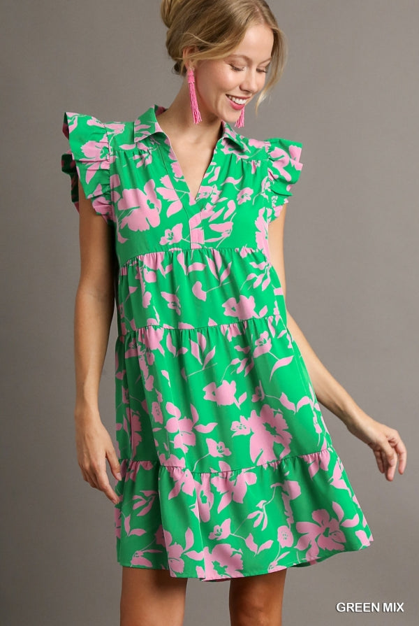 Addy Floral Print A Line Tiered Short Sleeve Flutter Dress - Be You Boutique