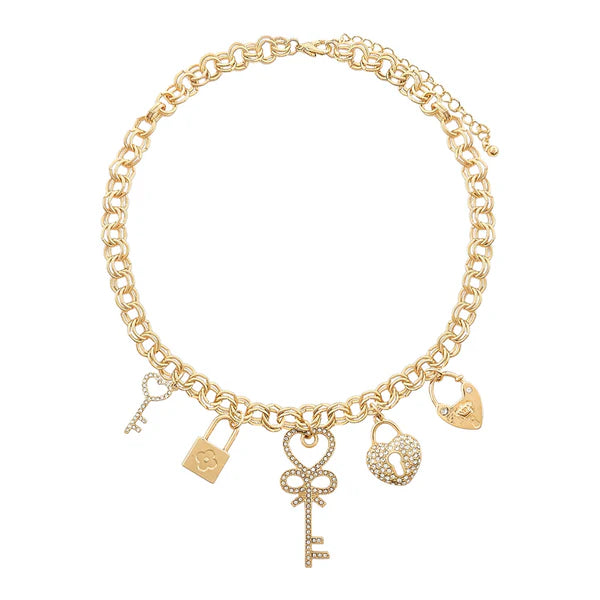 Charm Necklace ~ Gold Chain Crystal Heart and Keylock Necklace - Be You Boutique