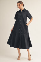 JODIFL Mary Button Down Flare Hem Dress in lightweight fabric with long sleeves and a stylish, flowy silhouette.