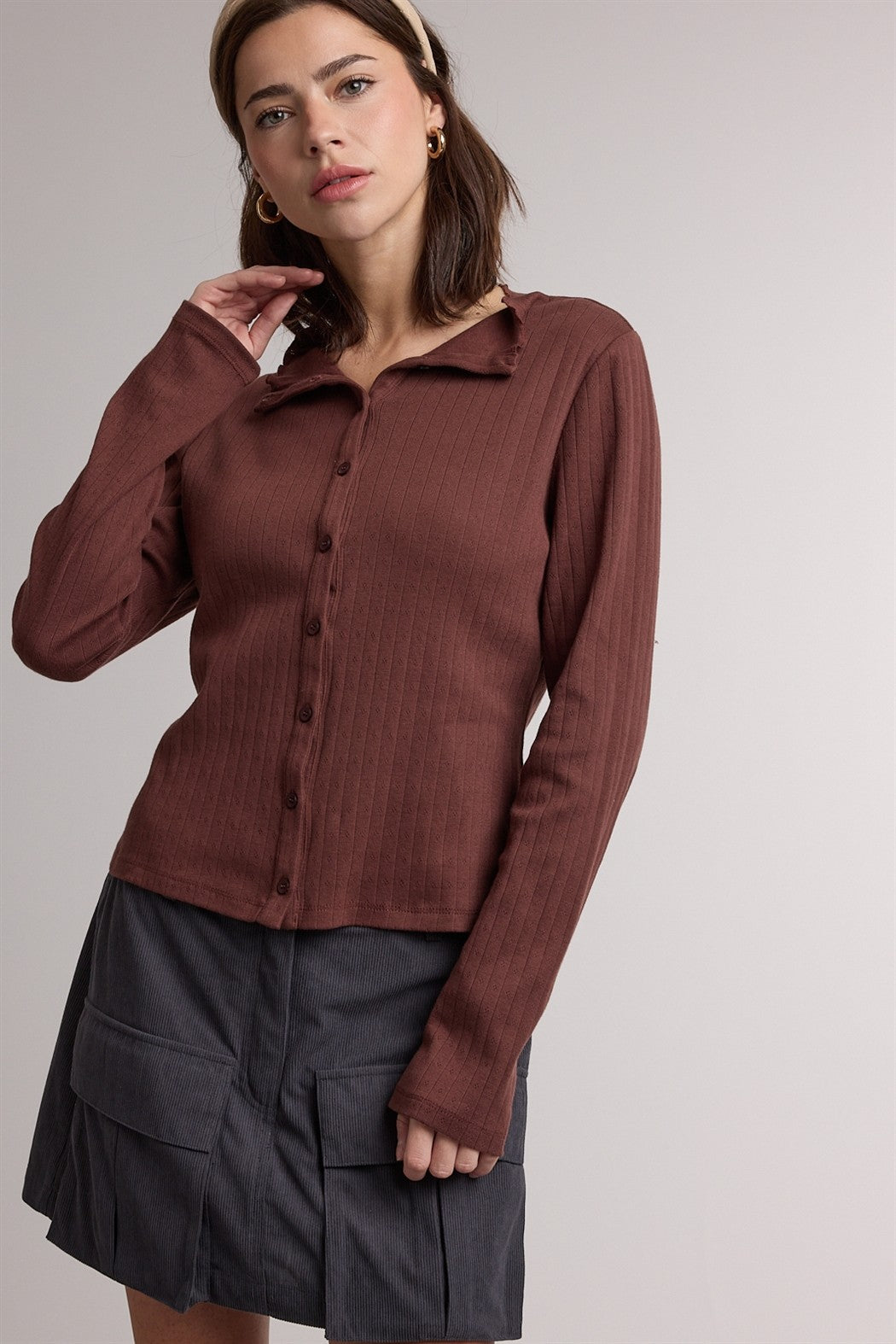 Wishlist Angela Button Down Pointelle Cardigan, a cozy fall sweater with button details and delicate pointelle knit pattern.