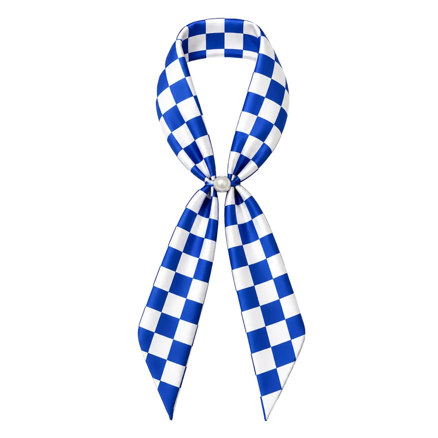 Blue checkered game day scarf necklace by QUEENS DESIGNS featuring a stylish woven pattern and adjustable chain.
