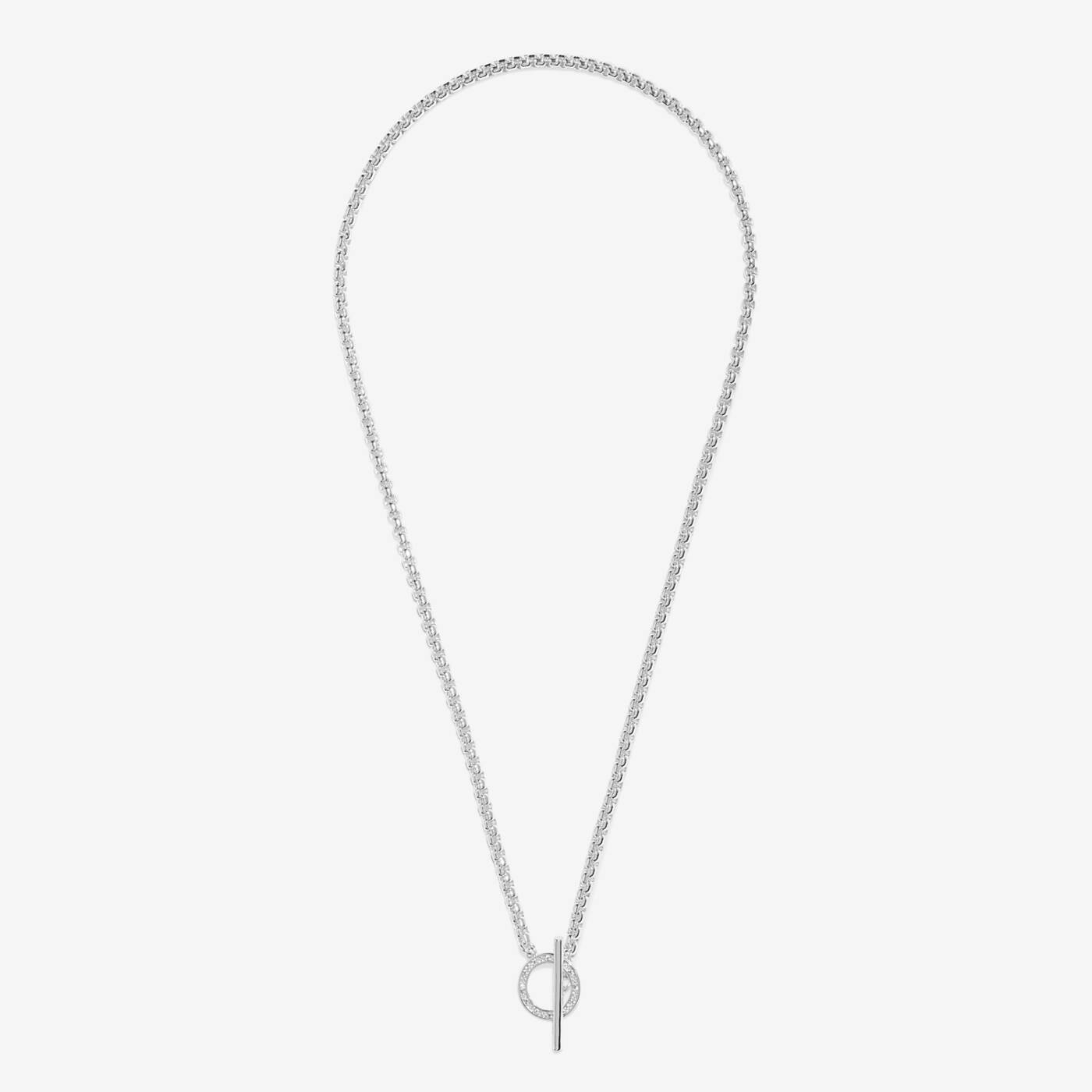 A LITTLES & CO Evermore Circle T Bar 16-inch necklace with a sleek chain and circular pendant, elegant jewelry accessory.