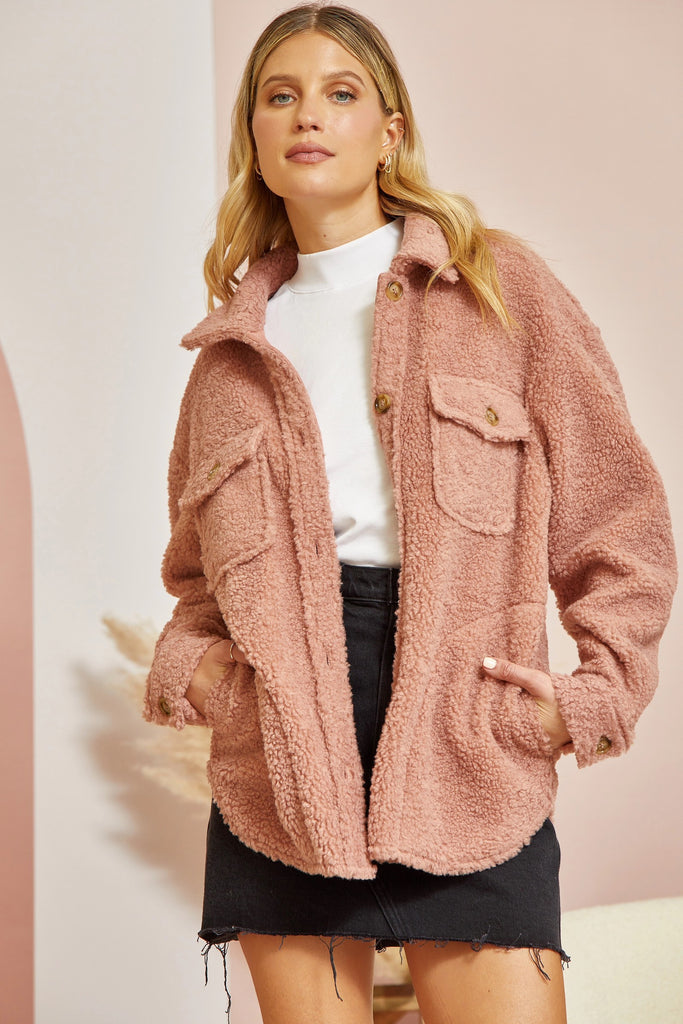 Joshua Long Sleeve Button Down Shearling Shacket Jacket - Be You Boutique