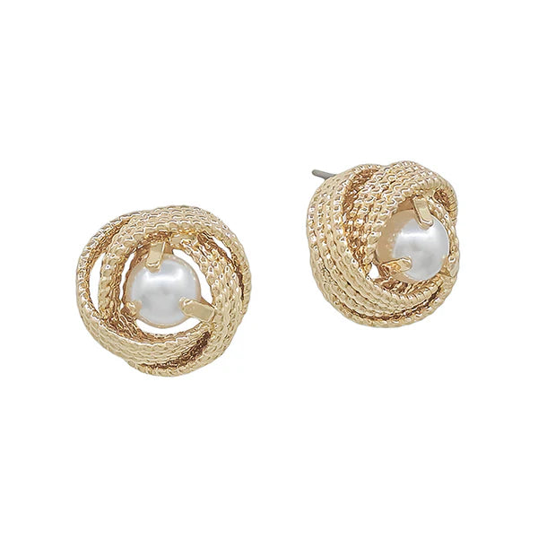 Georgie Gold Textured Knot Pearl Stud Earrings - Be You Boutique