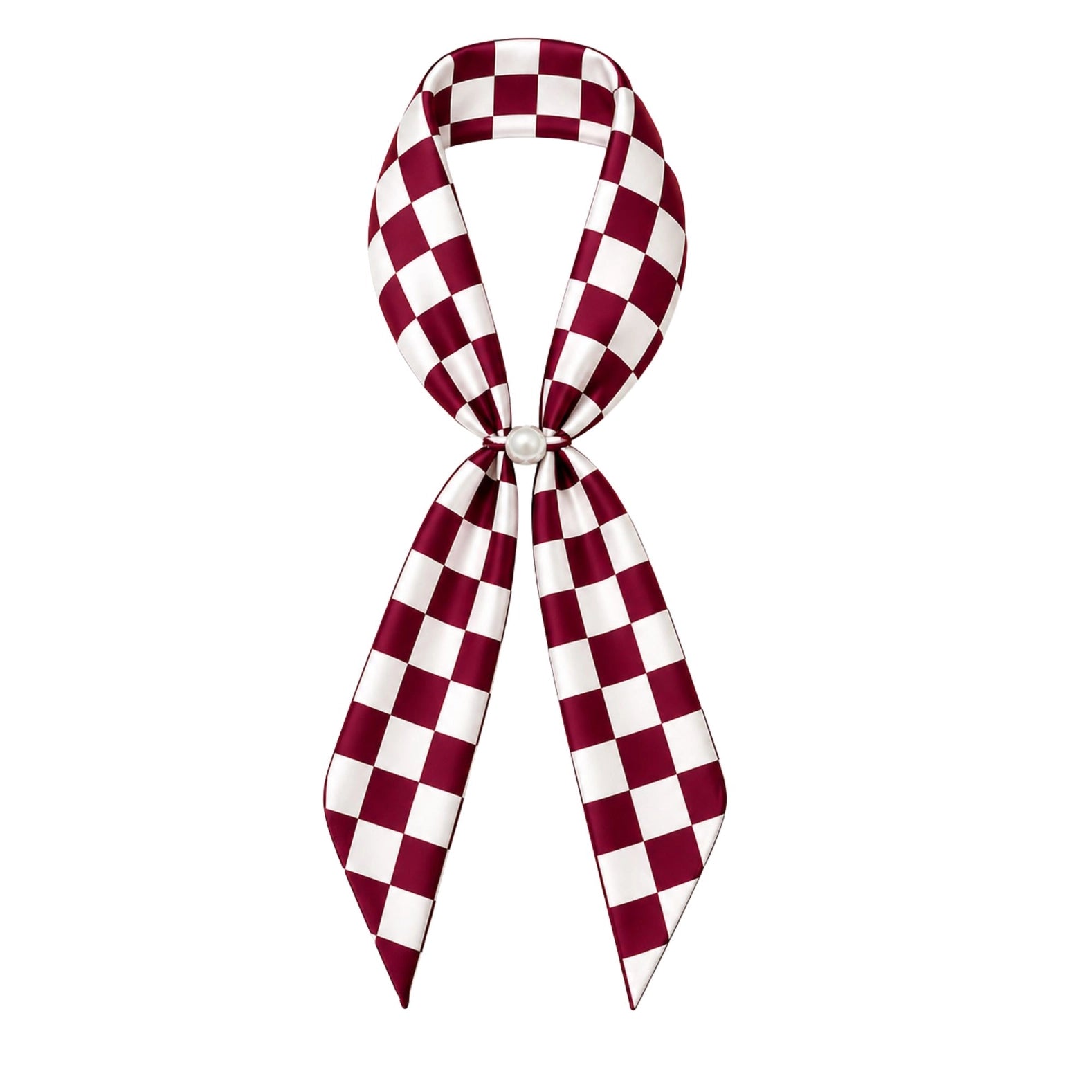 Burgundy checkered game day scarf necklace by QUEENS DESIGNS featuring a stylish accessory with a checkered pattern and pendant.