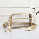 Gold clear stadium crossbody bag by QUEENS DESIGNS featuring a sleek transparent design and gold accents, perfect for stylish outings.