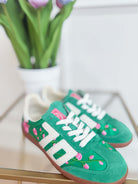 Green floral Ghost sneakers by BACK 70, model 205, featuring a stylish design and white rubber sole.