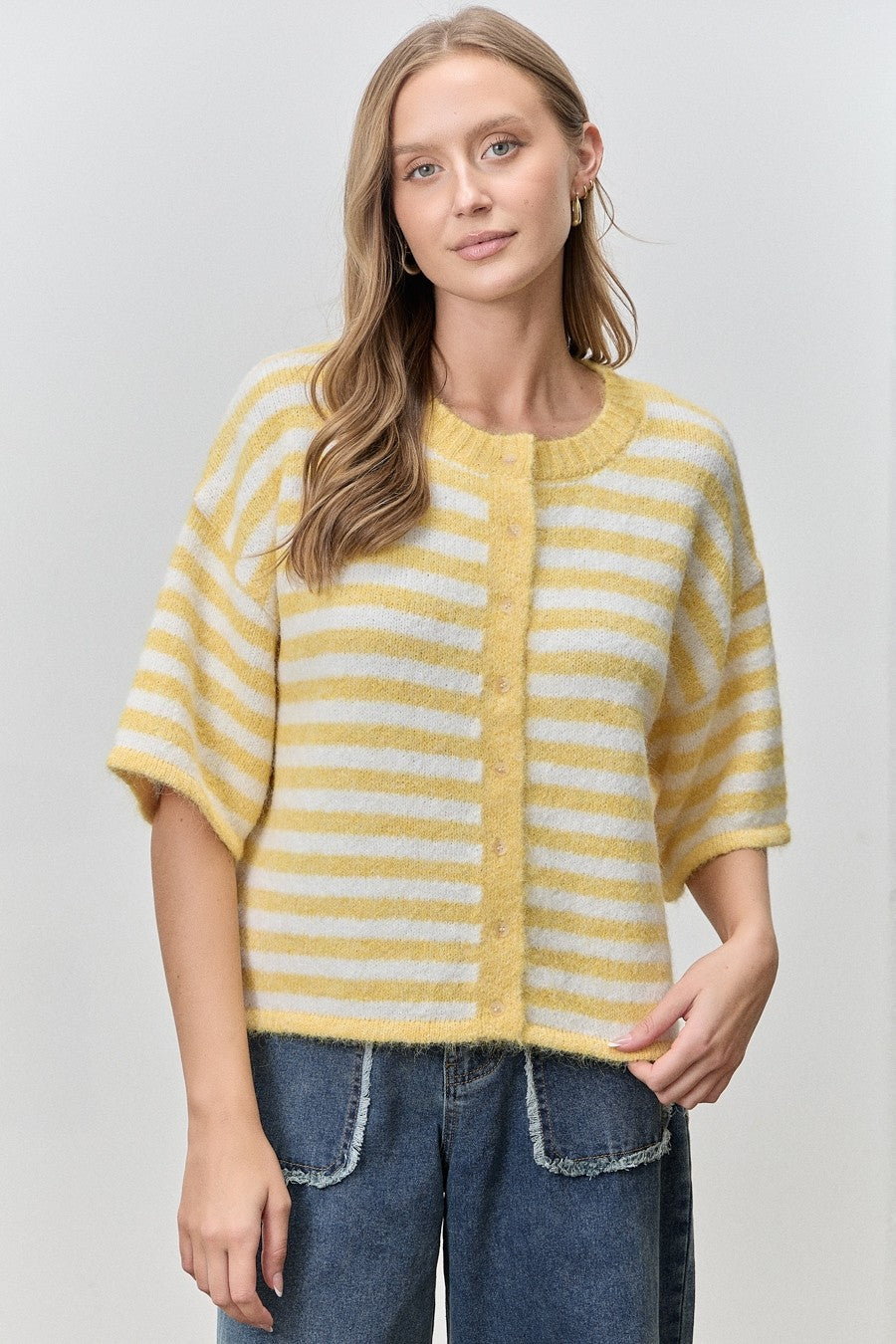 Baevely Lauren yellow striped button-down cardigan top from 131 Spring Sweaters collection, featuring a yellow and white striped design.