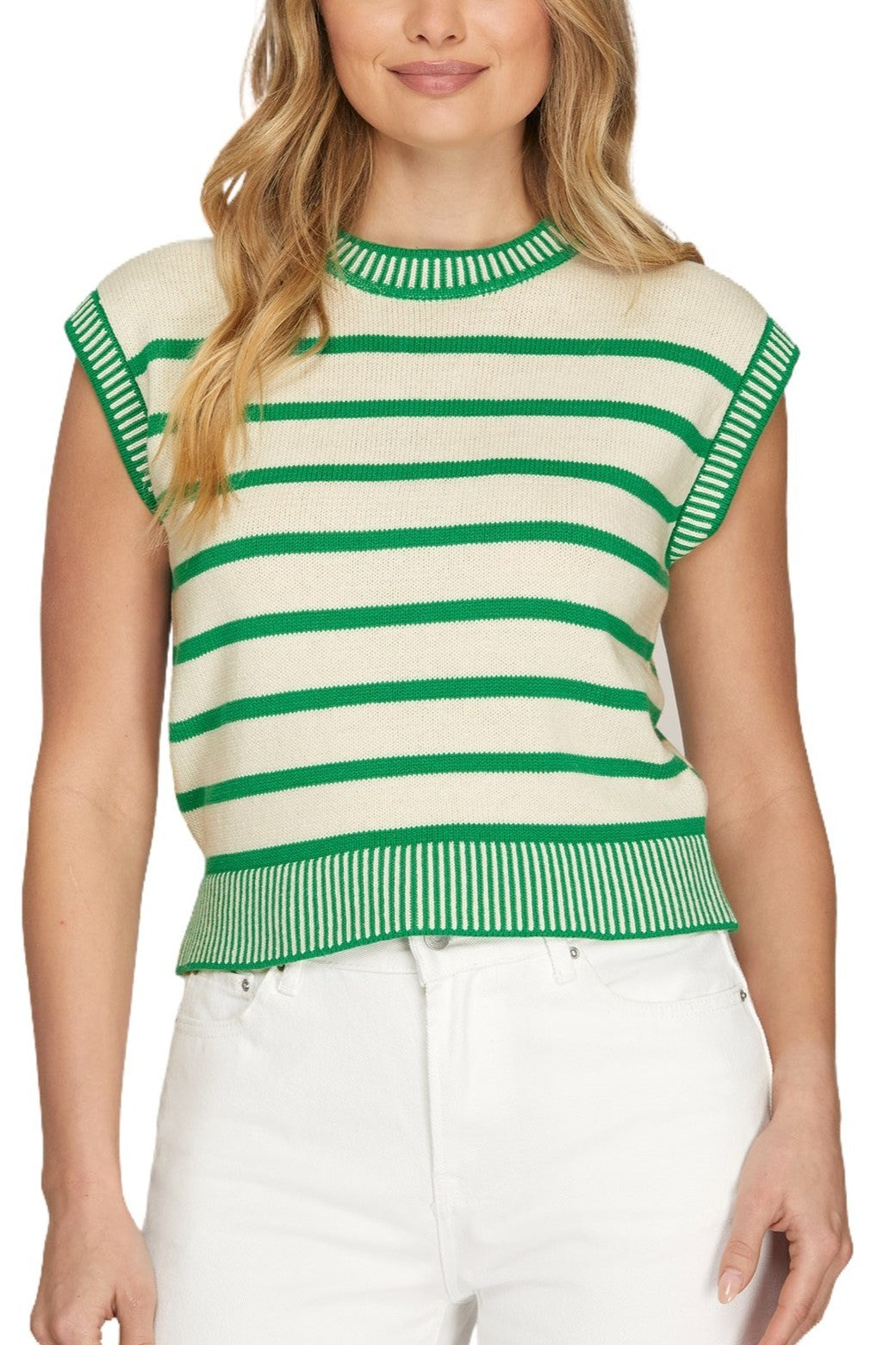 Georgia striped sleeveless sweater top by SHE + SKY, featuring a colorful spring pattern and fitted style.