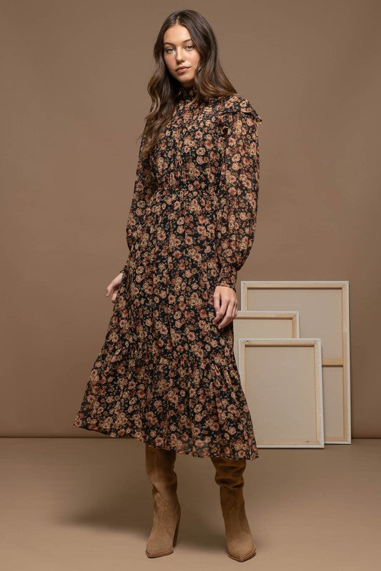 Harrison Floral Long Sleeve Mock Neck Midi Dress - Be You Boutique