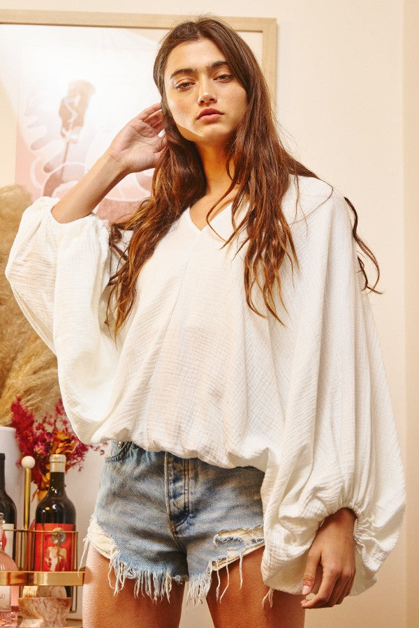 Meade Long Sleeve Billowy Drawstring Waist Top - Be You Boutique