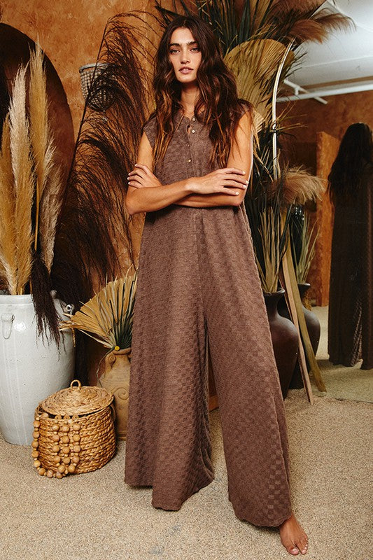 Connor Wide Leg Chess Board Textured Brushed Jumpsuit - Be You Boutique