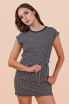 Briana Striped Cinched Side Waist Dress by VERY J, casual dress with vertical stripes and a fitted waist, displayed on a hanger.