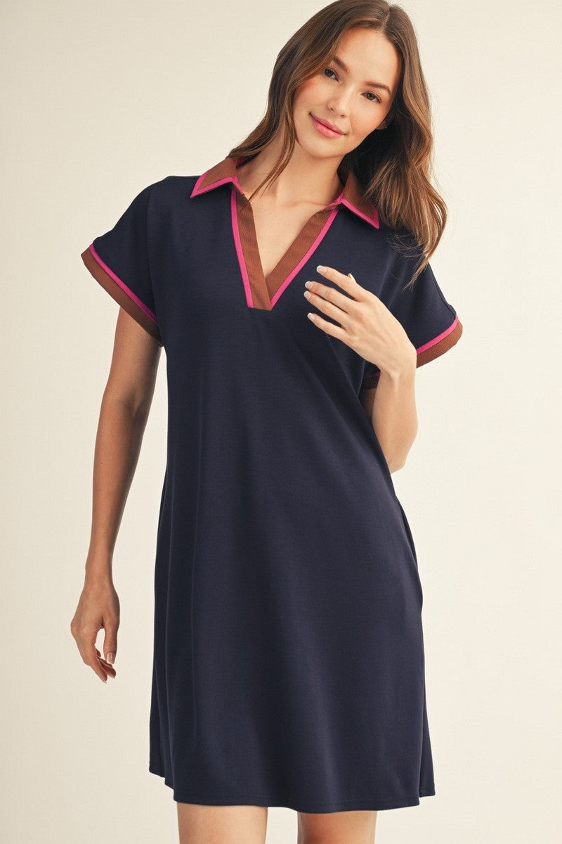 JODIFL Lynette varsity striped trim casual dress with a relaxed fit and stylish contrasting trim, perfect for everyday wear.