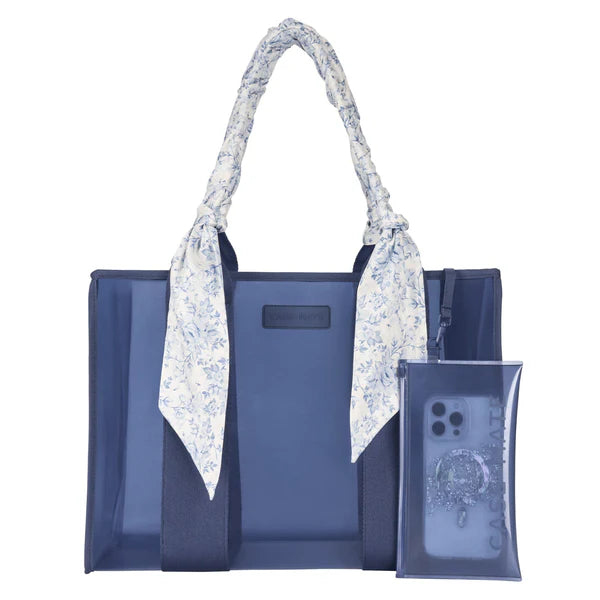 Casemate Jelly Tote in navy with Twilly scarf accessory, stylish clear accessory bag for everyday use and organization.