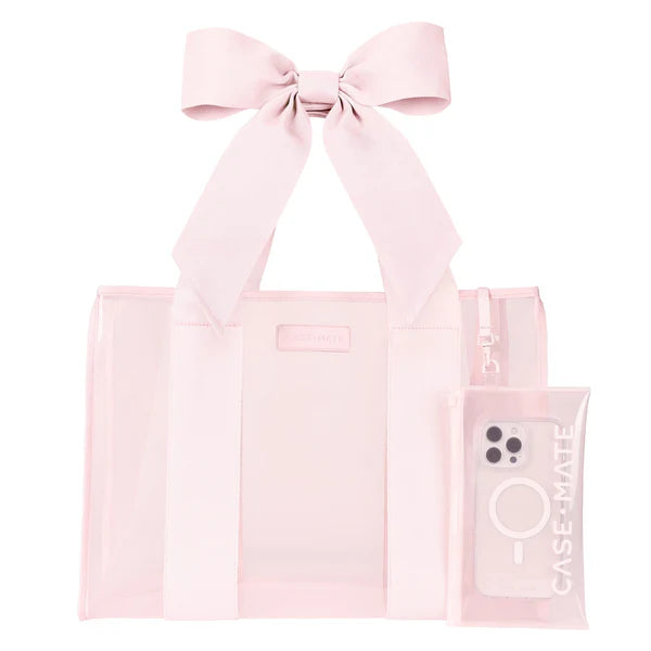 Pink jelly tote bag from Case Mate with a clear, flexible design and subtle branding, showcasing its stylish accessory features.