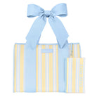 Casemate Jelly Tote in cabana stripe with clear jelly material, featuring a bow detail, designed for stylish accessories.