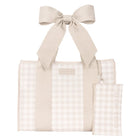 Casemate Jelly Tote in Gingham Latte with bow detail, showcasing a stylish transparent accessory bag.