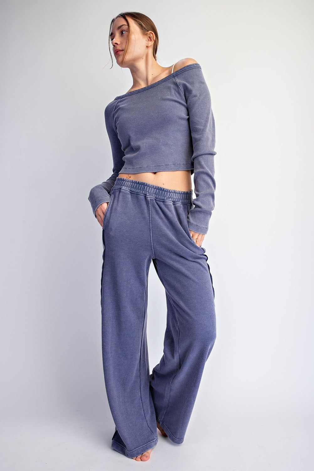 Navy French Terry pant set by RAE MODE, featuring comfortable 156 pants with a relaxed fit and matching top, casual loungewear style.