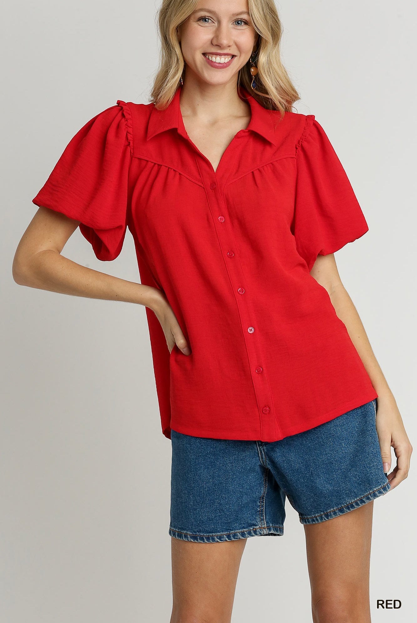 Scarlett Textured Woven Bubble Sleeves Button Down Top - Be You Boutique