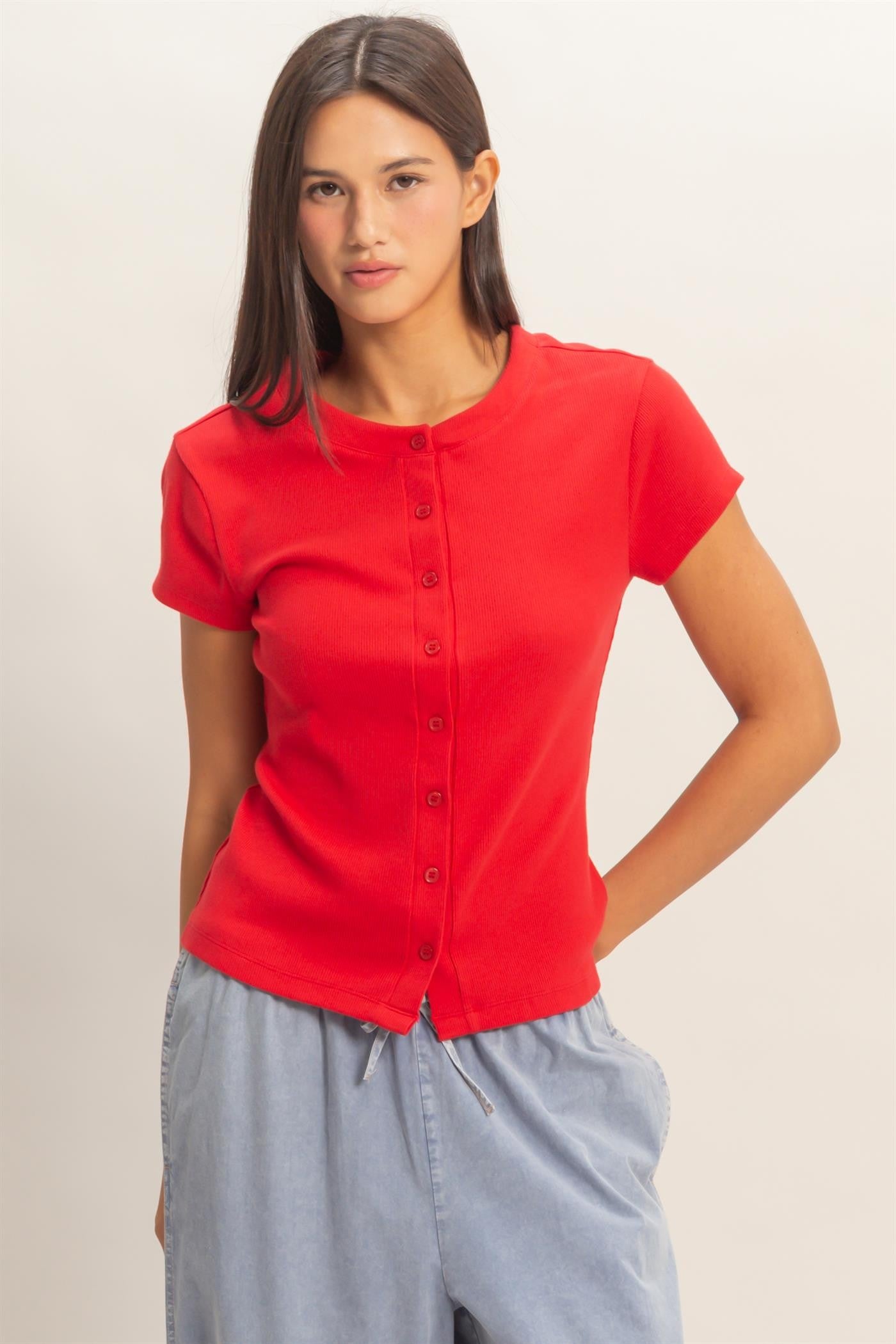 HYFVE Ruth Red Ribbed Button-Up Top, casual 105 top with long sleeves and front button closure, styled on a model.