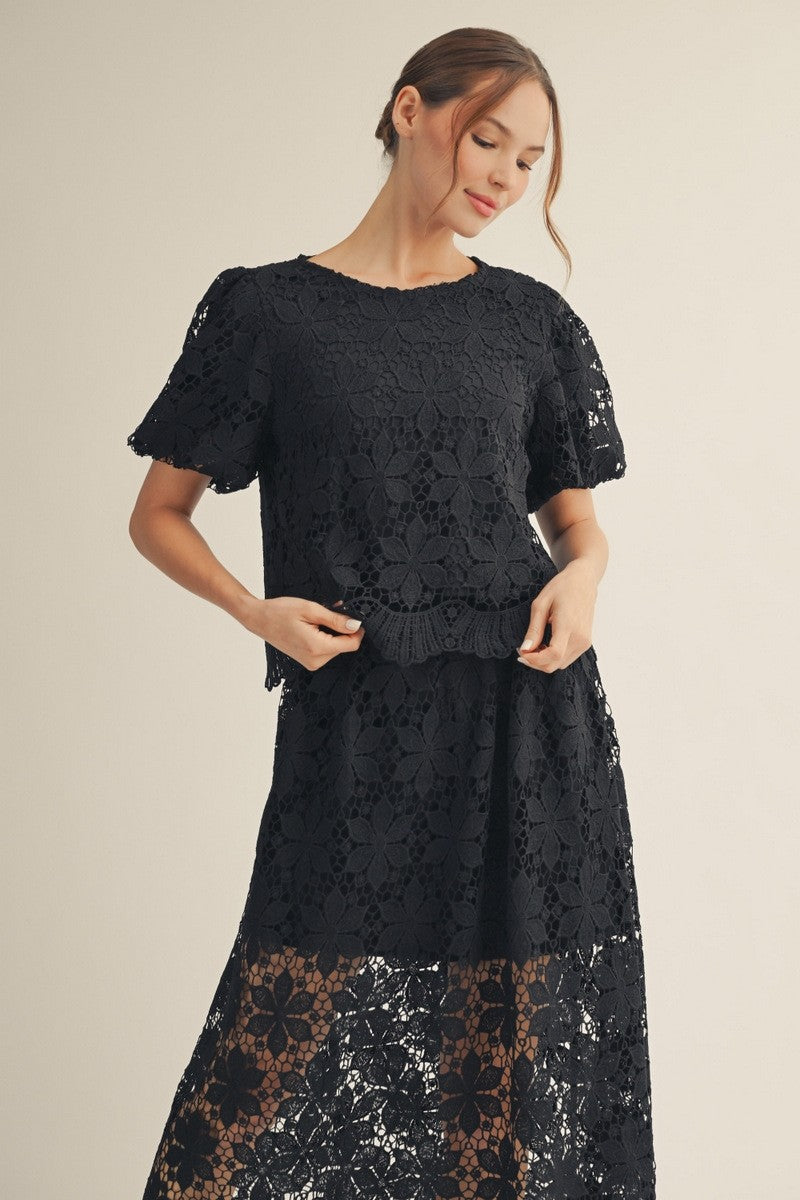JODIFL Noel scallop eyelet lace top, 110 dressy blouse with delicate scalloped edges and eyelet lace detailing, black color.