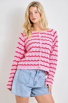 Sarah Pink crochet knit cardigan from BAEVELY, lightweight spring sweater with detailed crochet pattern and long sleeves.