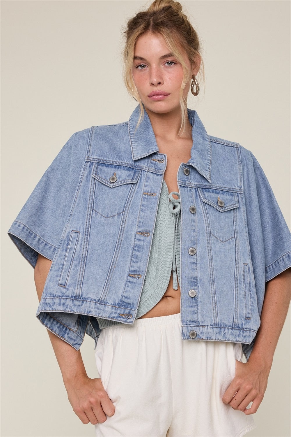 WISHLIST Fred denim cape jacket, 140 outerwear, stylish blue denim cape with collar and open front, casual outerwear for women