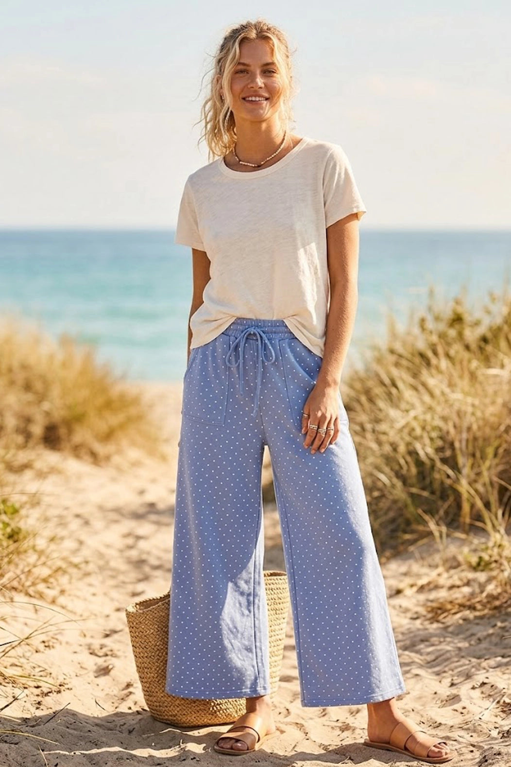 SEWN AND SEEN Benny Blue Polka Dot Wide Leg Pants with high waist and flowing fabric, shown on a model.