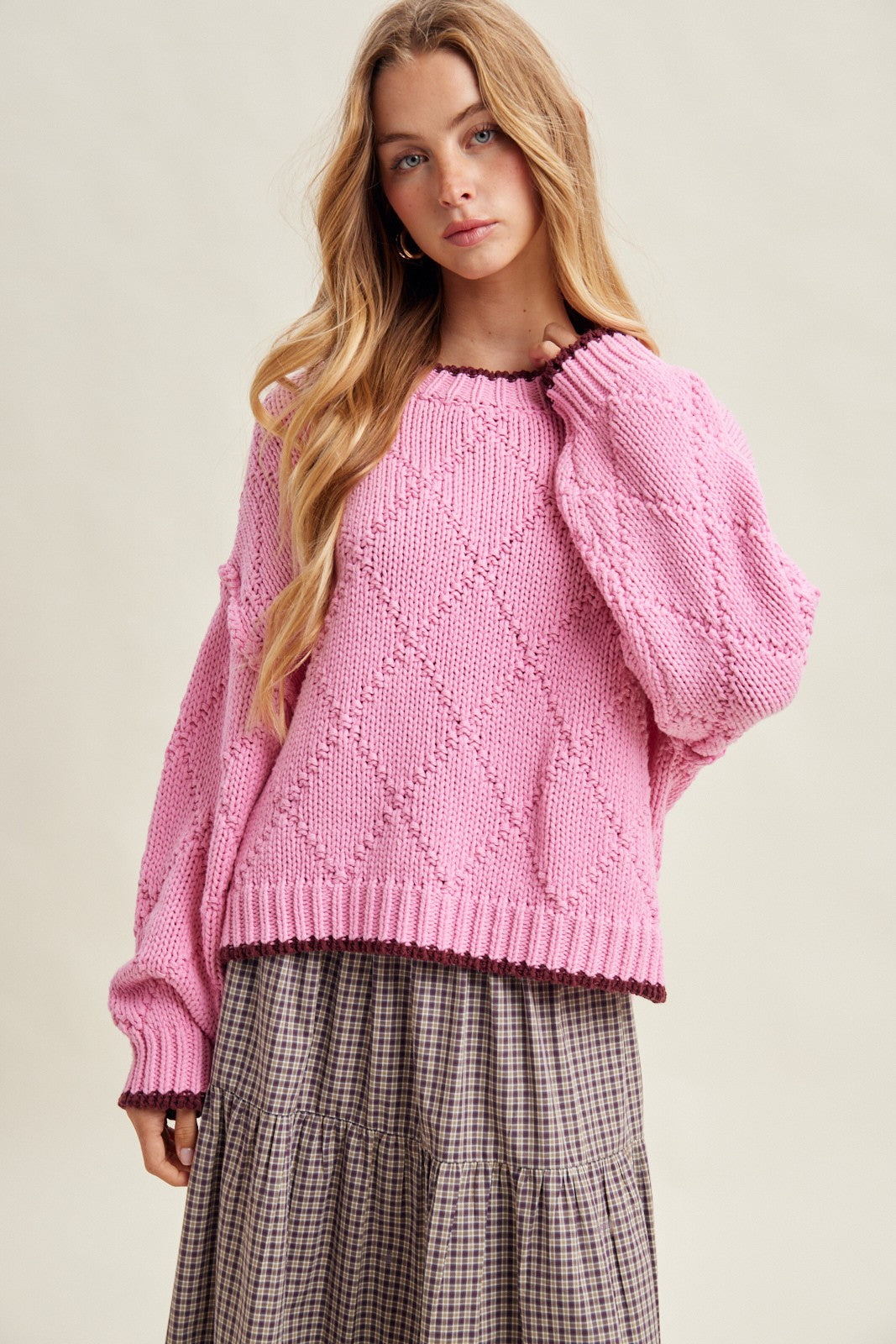Wishlist Aly Hibiscus contrast trim pointelle sweater featuring fall sweater design with Hibiscus pattern and cozy knit texture.