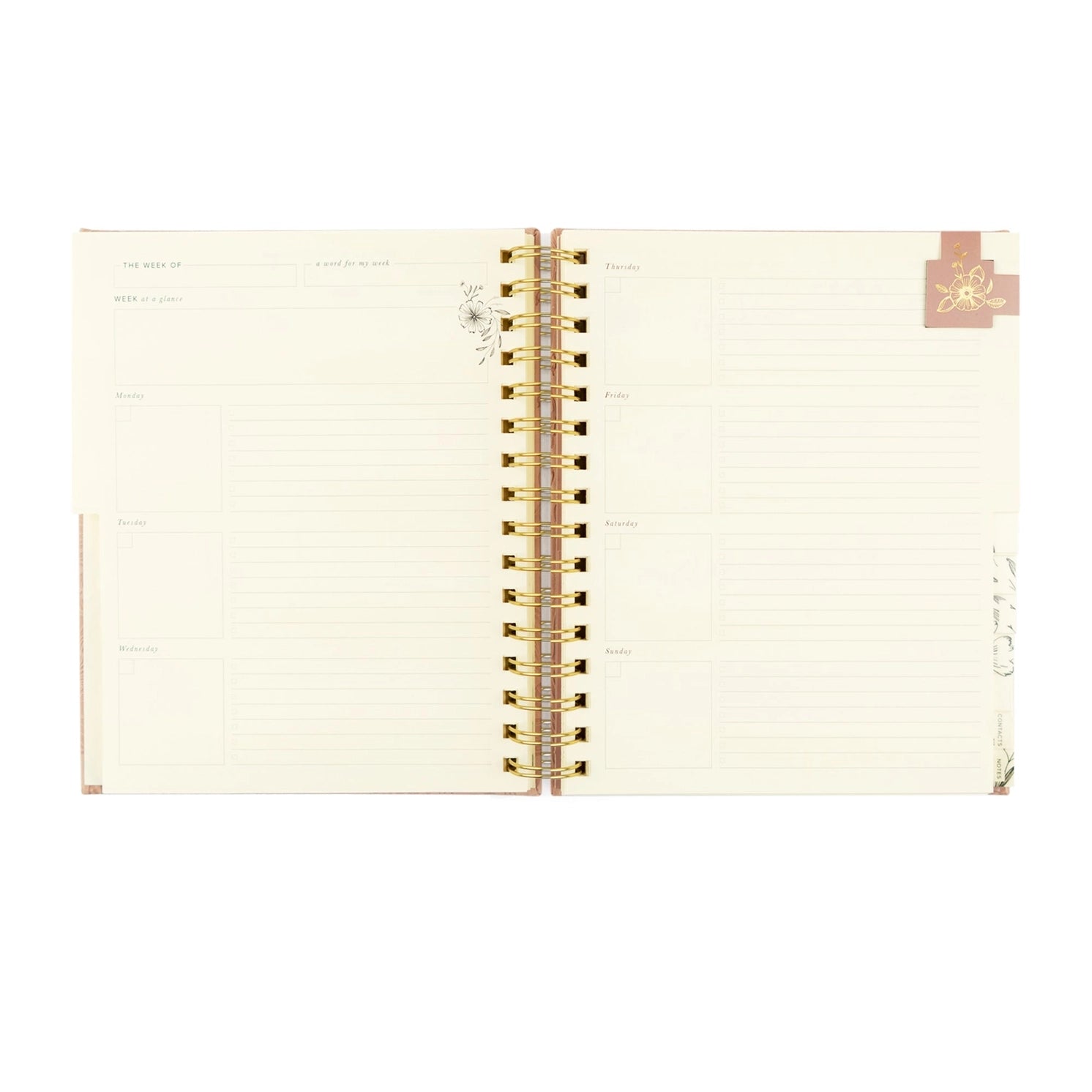 Undated 12-month Sonora planner by HOSANNA REVIVAL with 218 accessories, featuring a sleek cover and organized layout.