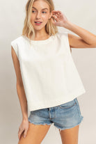 HYFVE Savvy Off White Denim Sleeveless Top from 116 Basic Tops, featuring a stylish, sleeveless design and casual denim fabric.