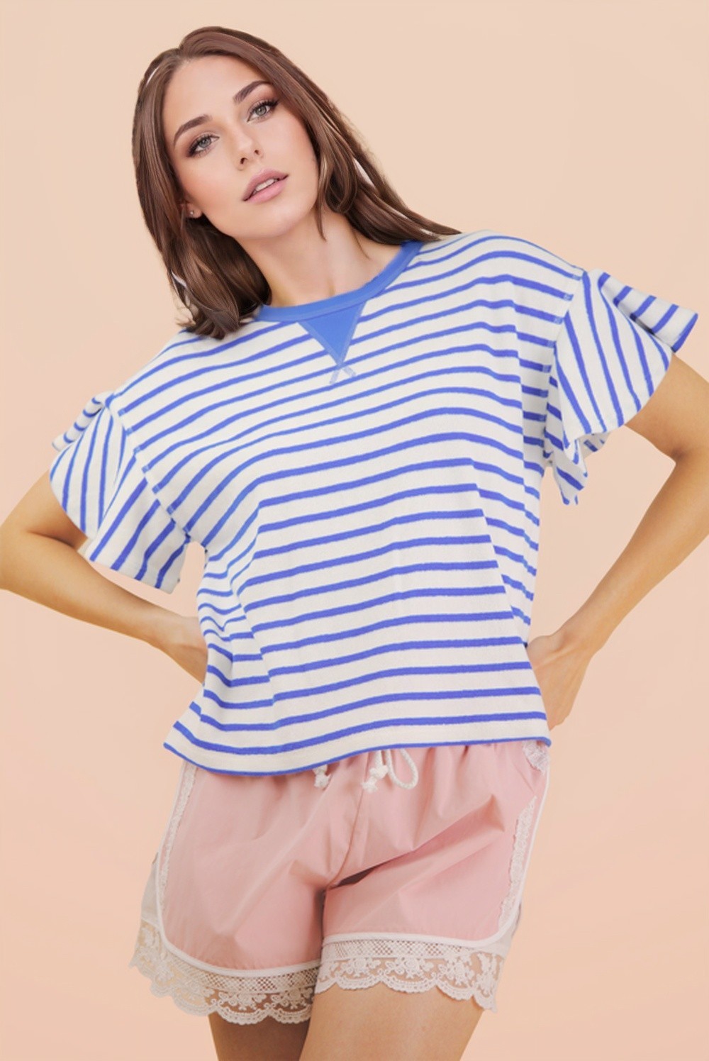 Pamela Blue Ruffle Sleeve Top by VERY J, a casual 105 top with billowy ruffled sleeves and a relaxed fit in vibrant blue.