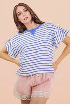 Pamela Blue Ruffle Sleeve Top by VERY J, a casual 105 top with billowy ruffled sleeves and a relaxed fit in vibrant blue.