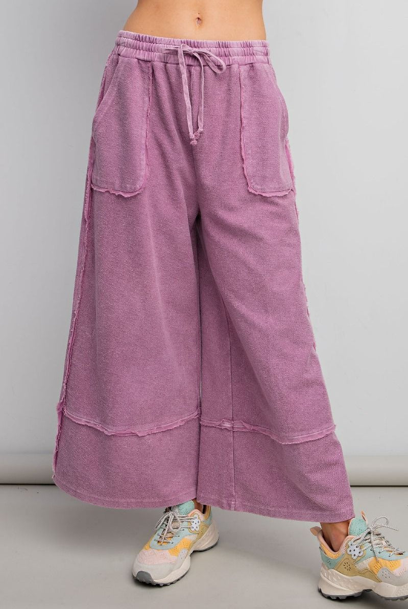 Caris Mineral Washed Upside Down Terry Knit Wide Leg Palazzo Pants - Be You Boutique