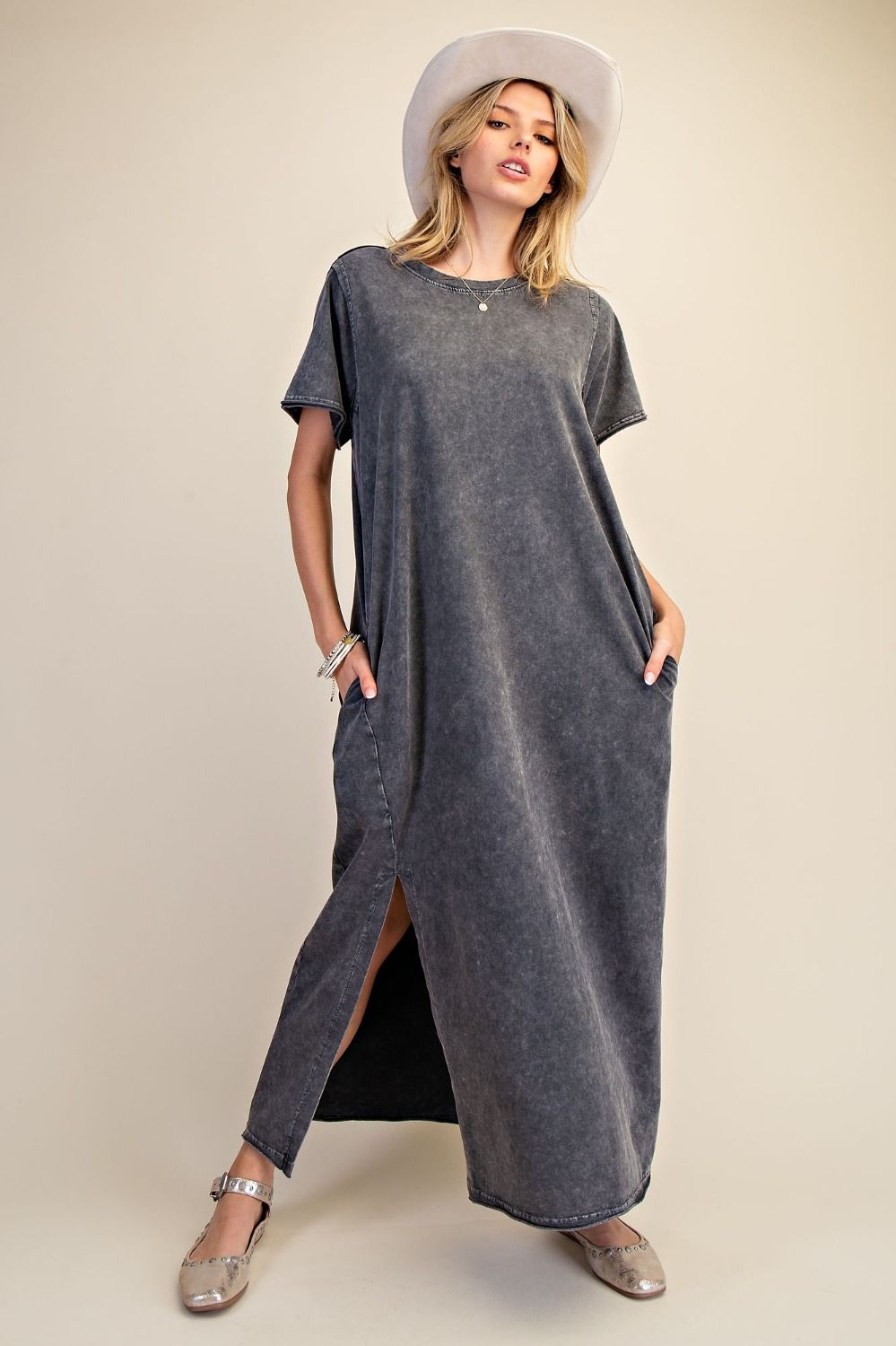 EASEL Casey Mineral Wash Terry Midi Dress in ash color, casual style with soft fabric and relaxed fit, suitable for everyday wear.