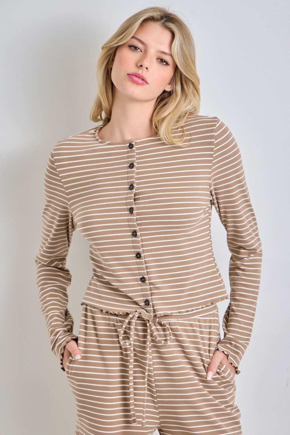 Baevely Megan striped ruffle trim button-up casual top with long sleeves and front buttons, featuring a stylish, relaxed fit.