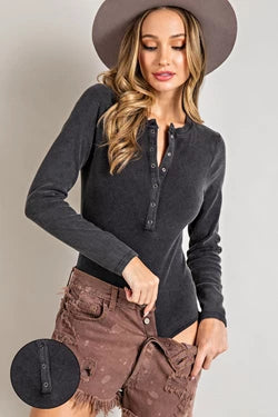 Maddi Mineral Washed Henley Long Sleeve Bodysuit - Be You Boutique