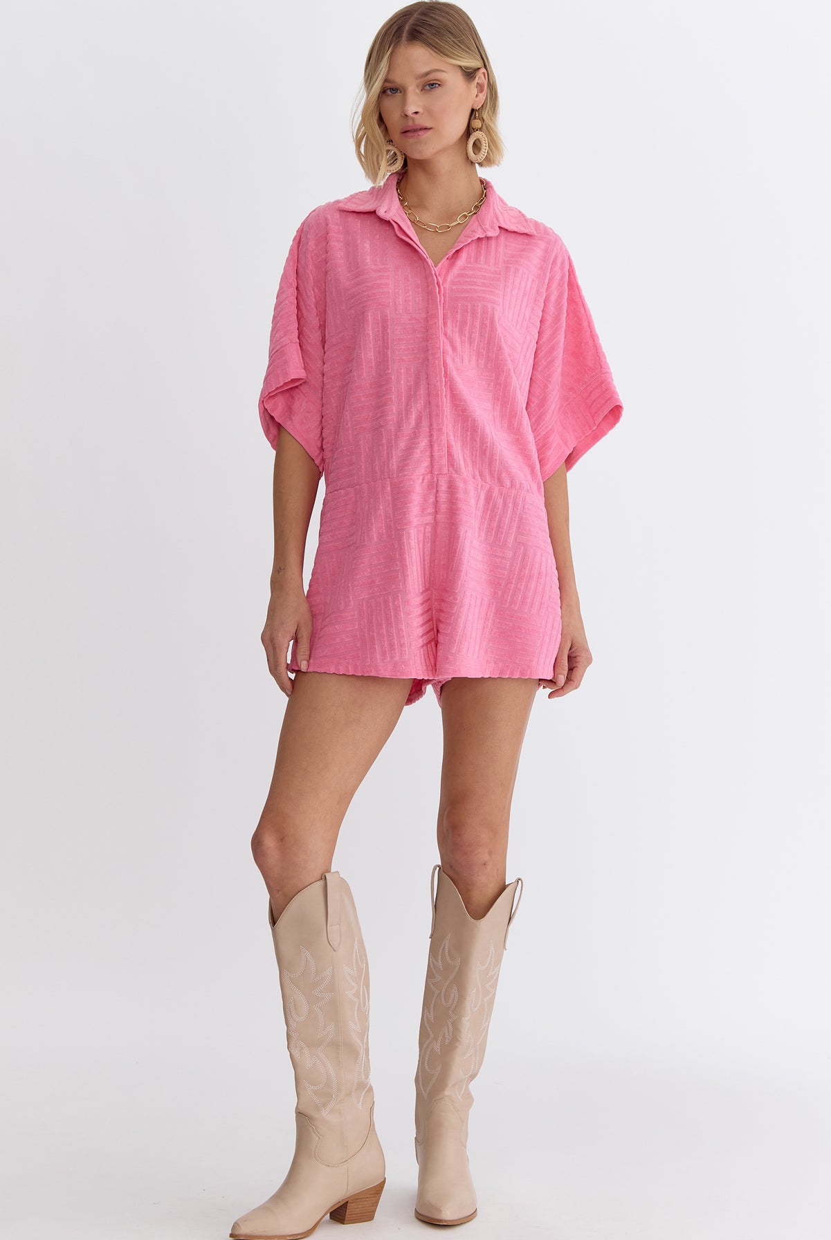 Minnie Short Sleeve Textured Button Up Romper - Be You Boutique