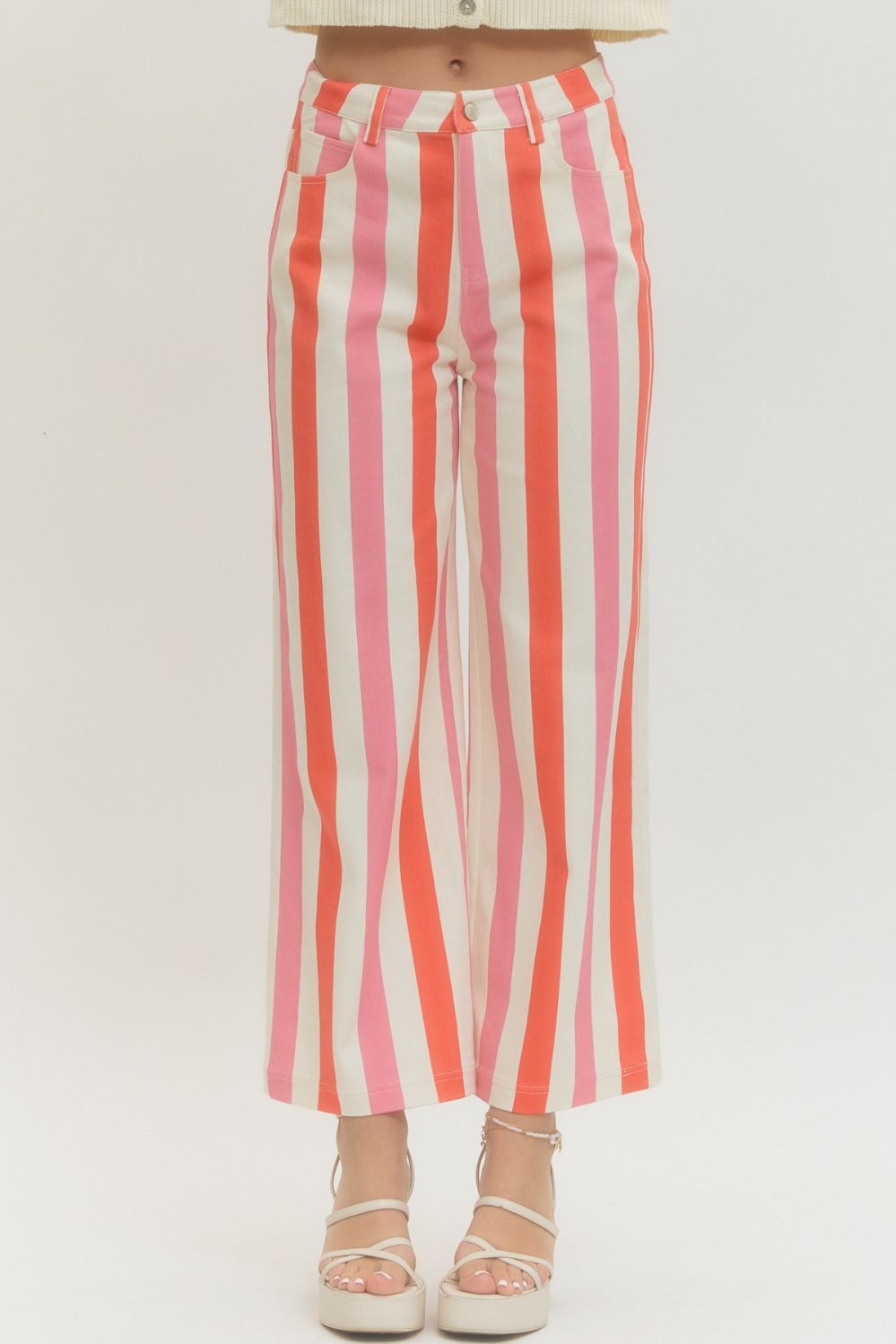 ENTRO Posie Pink Striped Straight Leg Jeans with colorful pattern and classic fit, shown on a model.