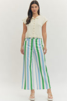 ENTRO Posie Blue Striped Straight Leg Jeans, 147 novelty denim pants with a casual striped design and classic fit.