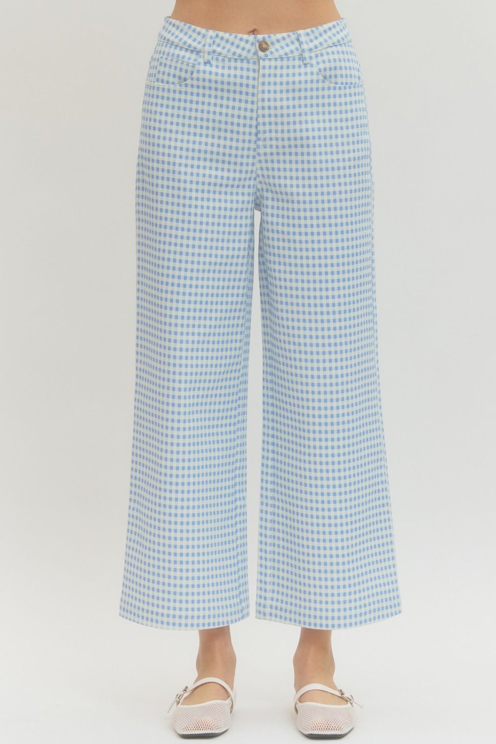 ENTRO Della Blue Plaid Wide Leg Pants made from novelty denim fabric, featuring a stylish printed plaid pattern and relaxed fit.