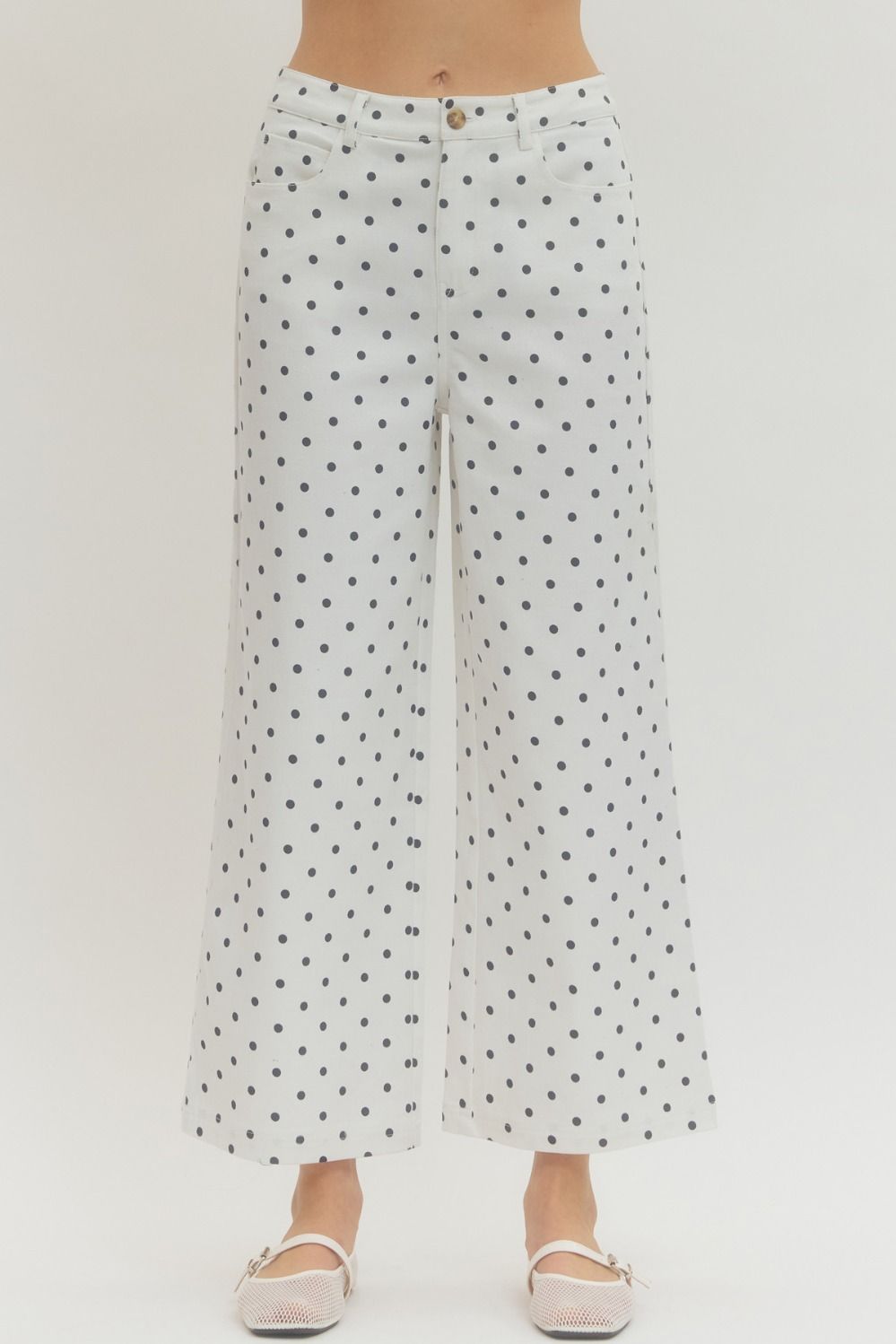 ENTRO Oscar Polka Dot Wide Leg Pant, 156 Pants, stylish black and white polka dot wide-leg trousers on a model.
