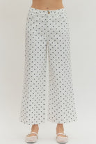 ENTRO Oscar Polka Dot Wide Leg Pant, 156 Pants, stylish black and white polka dot wide-leg trousers on a model.
