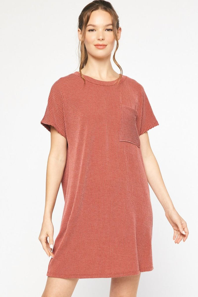 Cameron Ribbed Round Neck Short Sleeve Dress - Be You Boutique