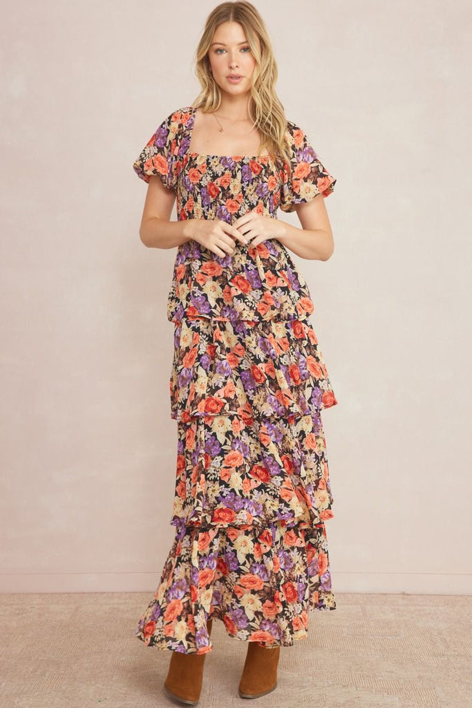 Edwin Floral Print Square Neck Puff Sleeve Tiered Maxi Dress - Be You Boutique