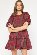 Jerry Puff Sleeve Plaid Tiered Ruffle Trim Dress - Be You Boutique