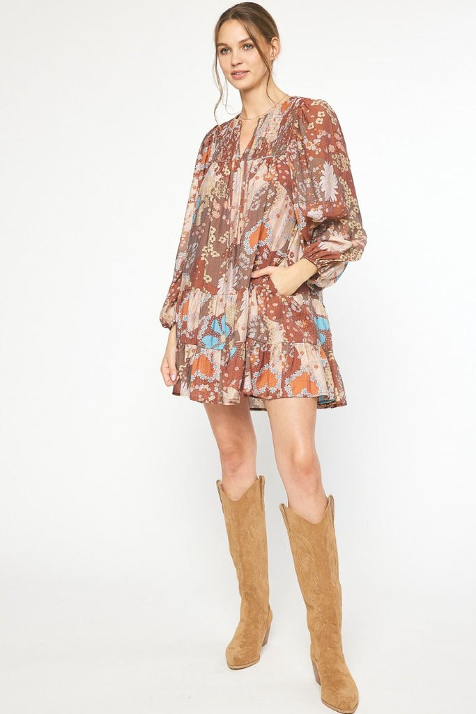 Cole Floral Print V Neck Long Sleeve Tiered Hem Dress - Be You Boutique